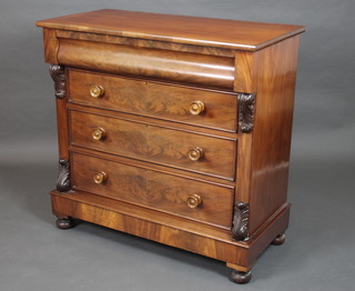 A Victorian mahogany Channel Islands chest, the upper section fitted a secret drawer above 3 long drawers having vitruvian scrolls to the sides, raised on bun feet 42"h x 44 1/2"w x 20"d 