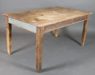 A 19th Century rectangular pine table with 3 plank top, raised on square supports 29"h x 59"l x 34"w 