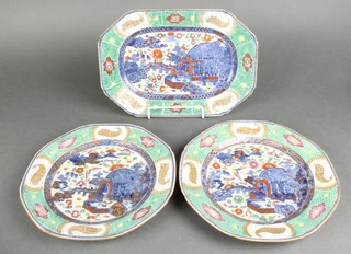 2 18th Century famille vert octagonal dinner plates decorated with  landscape scenes  10", an ensuite octagonal meat plate 11 1/2" 