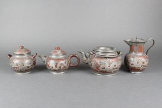 3 Chinese Earthenware vessels with pewter mounts, a ditto lidded jug