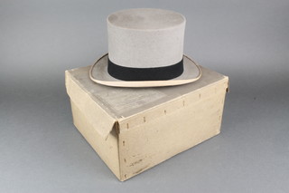 A gentleman's grey top hat by Lincoln Bennett & Co, complete with cardboard box 