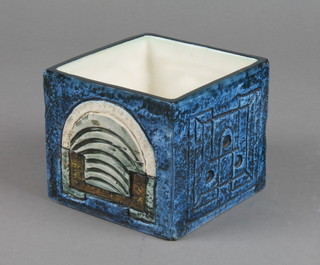 A Troika cube vase the blue ground with stylised geometric decoration by Annette Walters  3 1/2" 