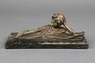 An Art Nouveau style bronze and marble paperweight in the form of a lady scribe with open book 7 1/2" 