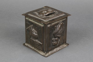 Sy Schreckinger, a late 19th Century square embossed copper money box decorated figures from Alice in Wonderland with sliding base, marked Prov.Pat 18808/07, 4"h 