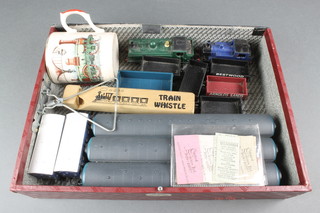 A Hornby O gauge GWR tank engine, 1 other tank engine, 5 carriages, small collection of rolling stock and tickets 