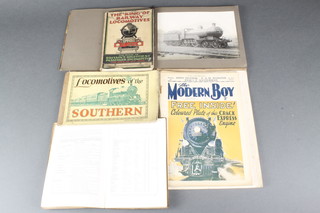 1 volumed "The GWR Engine Book" names, numbers, types of classes etc, 1 volume "Kings of Railway Locomotion", 1 volume "Locomotives of the Southern", a black and white photograph album of steam locomotives and various editions of "The Modern Magazine" 