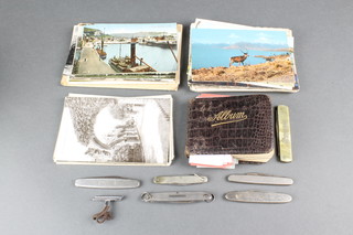 An autograph album including Billy Cotton, Conrad Phillips, Stanley Baker, Stan Nidd, Terry Thomas, Bernie Winters, Peter Sellers, Spike Milligan and others together with a collection of postcards and pen knives 