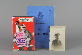 Penguin, 5 paperback volumes by Spike Milligan, an "Air Cadet Training Handbook  II Map Reading" and a small collection of black and white postcards