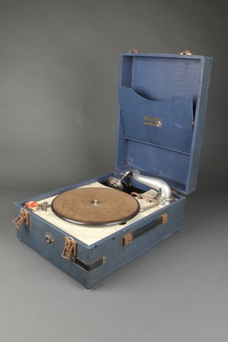 A National Band portable gramophone contained in a blue fibre carrying case 