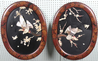 A pair of Japanese oval lacquered plaques inlaid ivory and decorated birds 20"h 