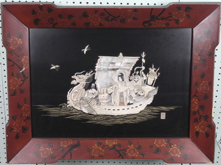 A Japanese 19th Century rectangular lacquered plaque decorated a boat with standing figures, storks to the sides, signed 17" x 24" 
