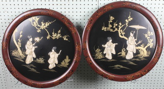A pair of Japanese circular lacquered plaques decorated standing Geishas with ivory inlay 15" 