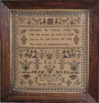 A Victorian stitch work sampler with motto, animals and trees by Elizabeth Bassell Aged 11 years, dated 18th August 1838 contained in a rosewood frame 13" x 12", some light staining