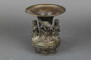 A Japanese bronze waisted vase decorated figure with bird and attendants 7" 