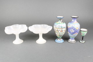 2 Persian enamelled club shaped vase 7", a ditto egg cup and a pair of alabaster shaped pedestal bowls 6" (1 bowl chipped) 