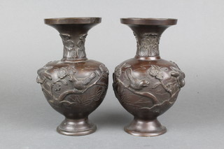A pair of 19th Century Japanese bronze club shaped vases decorated birds 7"  