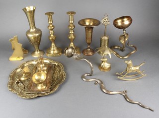 A pair of 19th Century brass candlesticks with ejectors 10 1/2", a benares brass platter and other items etc 
