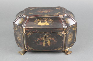 A Victorian shaped lacquered twin compartment tea caddy with hinged lid decorated scenes of a tea ceremony, raised on hoof feet, the interior fitted 2 pewter caddies 