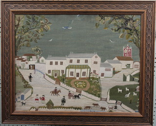 An American? 19th Century wool work picture of buildings, figures, cattle etc,  14" x 18 1/2" 