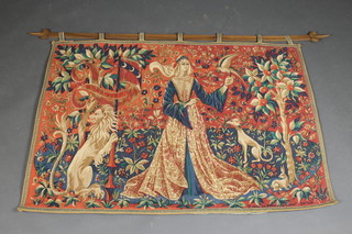 A tapestry hanging, study of a medieval lady with greyhound and lion 32"h x 46 1/2"w 