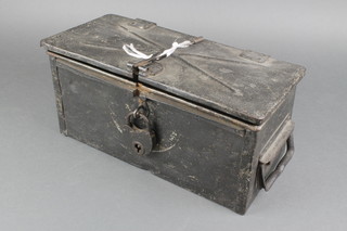 A curious 19th Century metal box with hinged lid and iron handle, together with a heart shaped padlock 6 1/2"h x 12 1/2"w 