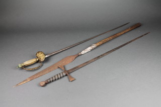 A court sword, the 32" blade marked Shf, blade rusted, a Knights Templar sword with shark skin grip and 29" blade rusted and a spear with 15" blade rusted 