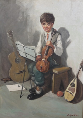 J G.lotzer, oil on canvas, a study of a young boy with his violin, signed, 20" x 19" 