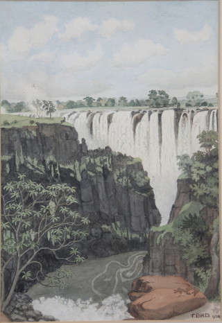 F B H Drummond, 1958, watercolour, a view of Victoria falls, signed and dated 14" x 9" 