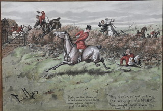 Finch Mason, a pair of Edwardian humorous prints, hunting scenes, 10" x 13 1/2" Cecil Aldin print "Jumping Powder" 7 1/2" x 11"