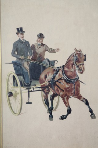 Legras. Print, a pair of early 20th Century studies of figures in carriages, 15" x 9" 