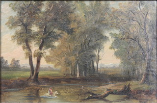 Prinetti, oil painting on board, a 19th Century landscape with figure on horseback crossing a river with distant buildings, unsigned, 7" x 10 3/4" 