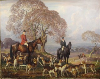 W West, oil on canvas, an Autumnal hunting scene with figures of horseback and hounds with distant town, unsigned 40" x 49" 