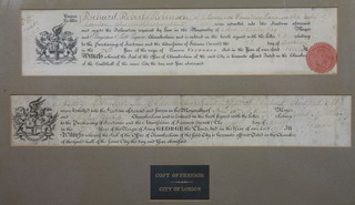 A framed copy of the Freedom of The City of London dated 1886 and 1798, two framed as one and one other 
