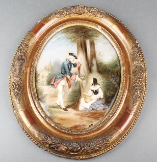 19th Century watercolour, a reverse painting on glass of a courting couple with distant building 9 1/2" x 7" 