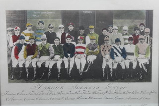 A 19th Century print, coloured print of famous jockeys and 2 other racing related items 
