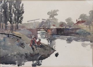 Philip S Paice, A.R.C.A. watercolours "The Boat Yard and The River Bank", signed, label on verso Royal Academy 1937, 11" x 15" and 10" x 13 3/4" 
