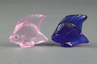 2 modern Lalique fish, blue and pink 2" (Boxed)