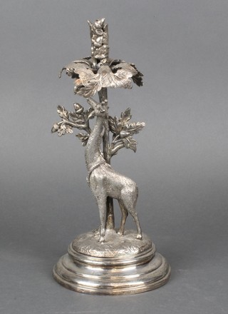 An Edwardian silver plated epergne base with a giraffe standing beneath a stylised oak tree 12" 