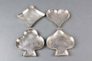 A set of 4 Continental white metal dishes in the form of card suits, 188 grams