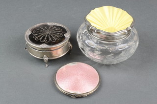 A silver and guilloche enamel dressing table jar, a silver and tortoiseshell plique a jour trinket box and a silver and guilloche enamel compact