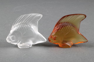 2 modern Lalique glass fish, orange and clear 2" (Boxed)