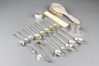 A silver hairbrush, minor Georgian and other teaspoons etc, 50 grams