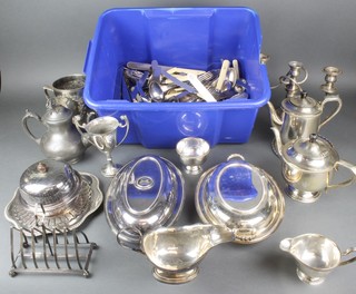 A quantity of silver plated cutlery, a muffin dish and minor plated items