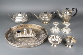 A silver plated 4 piece tea set with beaded decoration, an oval silver plated tray and minor items 