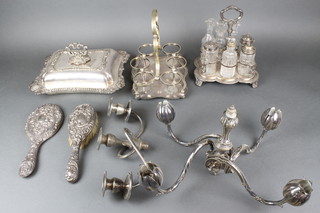 A Victorian silver plated entree set with gadroon and shell decoration, hand brush and hair mirror and minor plated items 