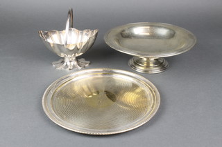 An Adam style plated swing handled sugar basket, a ditto bowl and salver