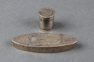 An early 19th Century oval silver toothpick box with bright cut decoration and cartouche 2 1/2", a Continental circular box with coin lid and base 