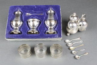 An Art Deco silver plated 3 piece condiment set and minor items