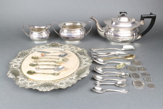 A silver plated 3 piece tea set, minor plated items