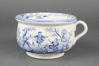 A 19th Century blue and white transfer print childs chamber pot decorated with children playing in a country garden 6" 